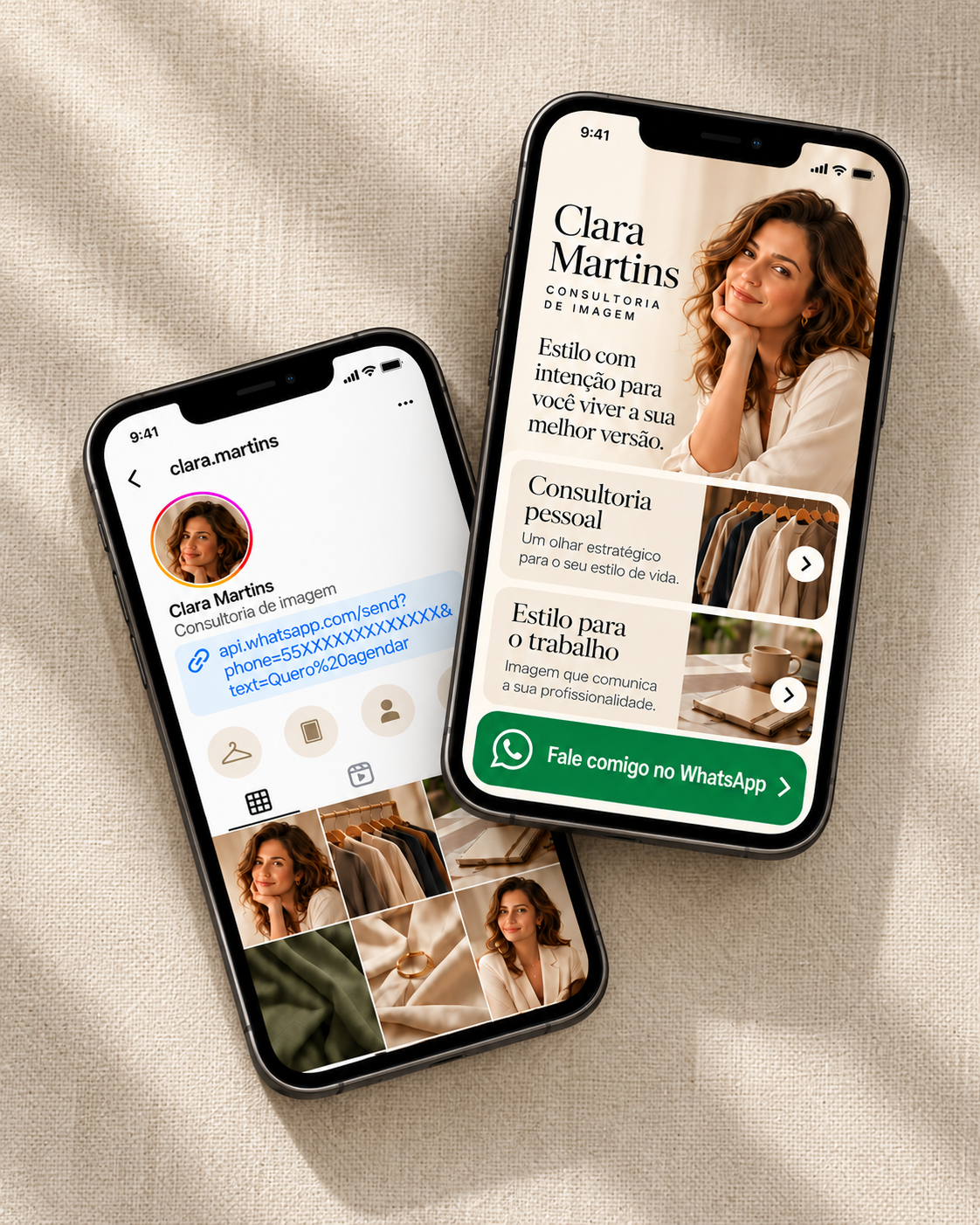 Dois celulares inclinados e sobrepostos: perfil do Instagram com link direto do WhatsApp e página personalizada com apresentação, serviços e contato